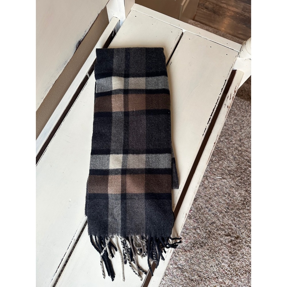 Croft & Barrow Mens Plaid Scarf Charcoal Grey Black Tan Fringed One Size